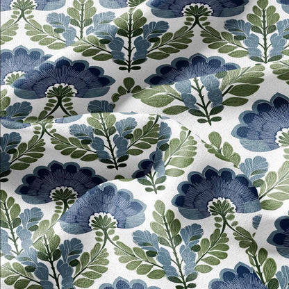 100% LINEN Fabric Swedish Mid-century print - Walnut leaves botanical stripe upholstery home textile artisan blue green white 3079