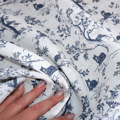 100% LINEN Fabric Toile de Jouy trees with cats - linen fabric with indigo blue print - French linen fabric upholstery dress making curtains