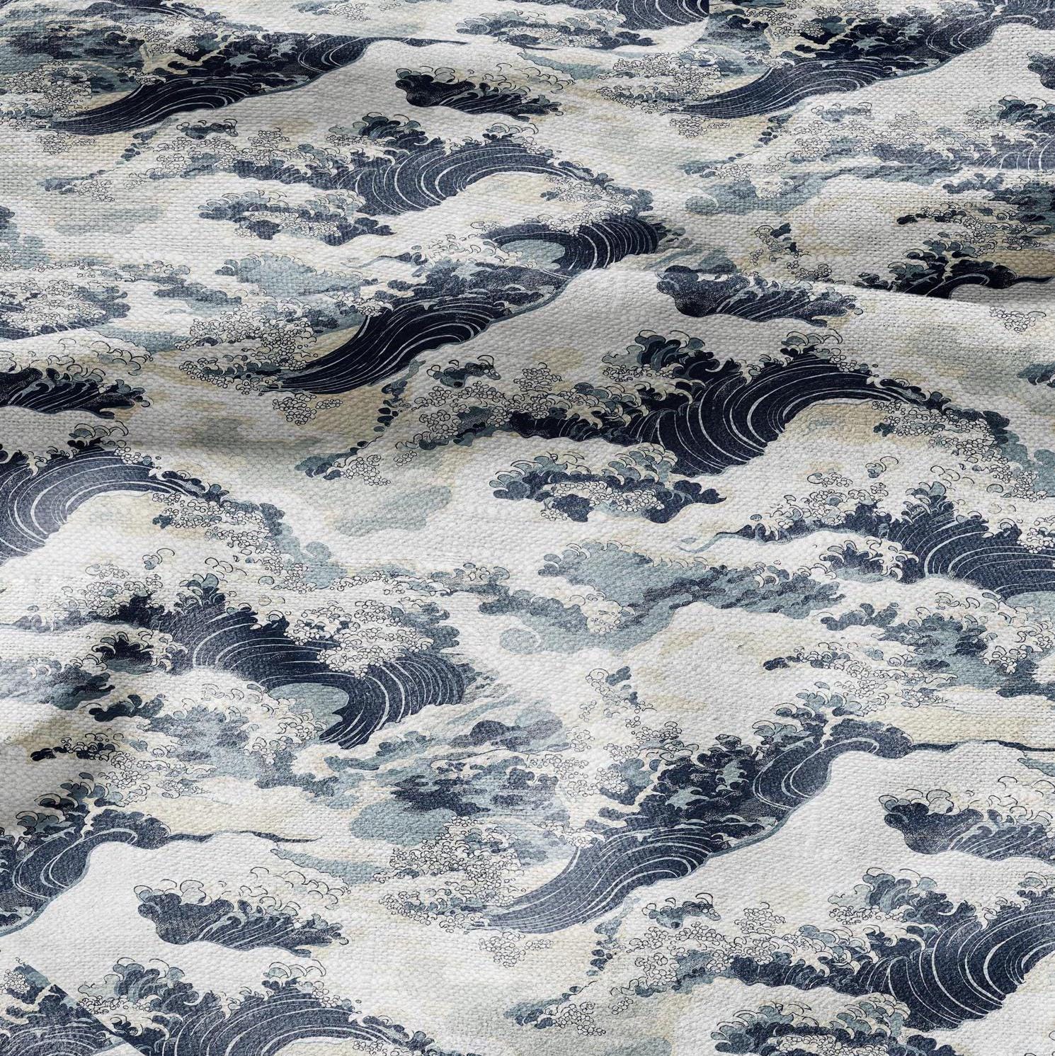 100% LINEN Fabric Japanese waves Print- linen Fabric by the Yard by LithuanianLinen for upholstery dressmaking curtains home textile