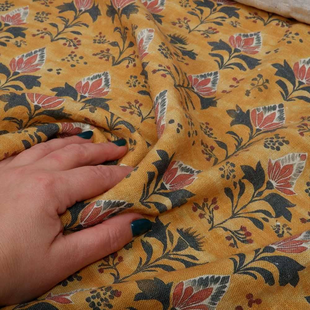 100% LINEN Fabric block print in mustard yellow - linen fabric floral print - light upholstery home decor dressmaking sewing 2079