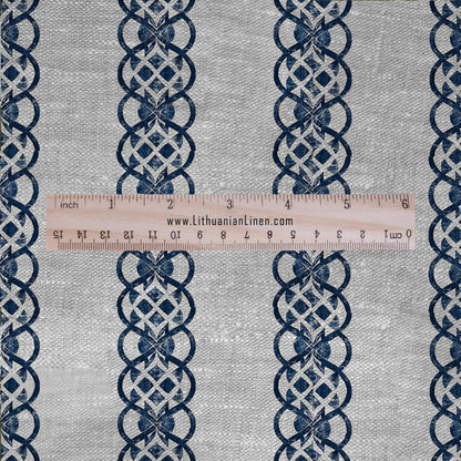 100% LINEN Fabric Striped geometric blue print - block print indigo on oatmeal linen for upholstery curtains dress making 2660