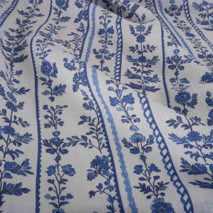 100% LINEN Fabric block print indigo blue white floral - scandinavian botanical fabric with floral print, indian block print on linen linen