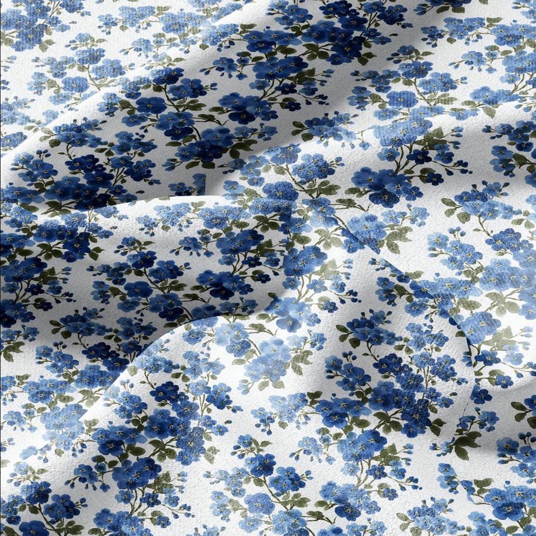 100% LINEN Fabric Block print Forget me not flower - botanical upholstery home textile artisan fabrics blue white 2913