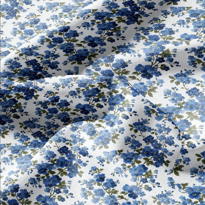 100% LINEN Fabric Block print Forget me not flower - botanical upholstery home textile artisan fabrics blue white 2913