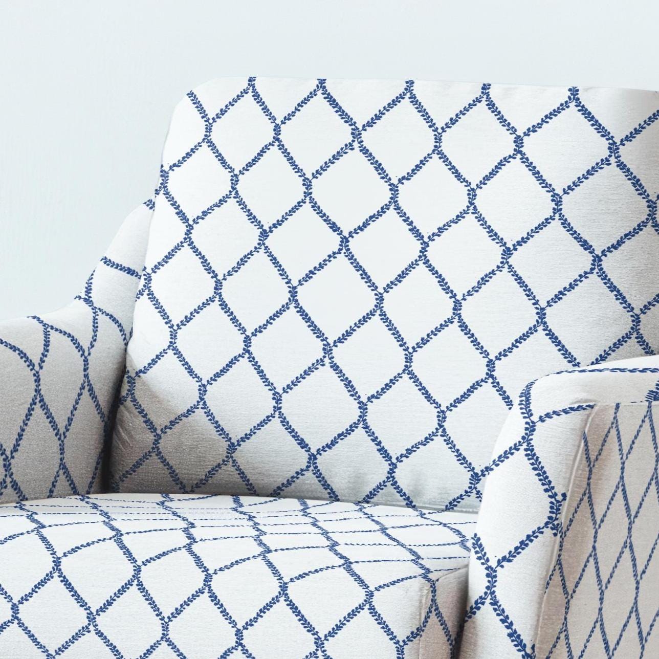 100% LINEN Fabric UPHOLSTERY 12oz - Grandmillenniar on linen - Modern vintage Victorian blue trellis upholstery 2949