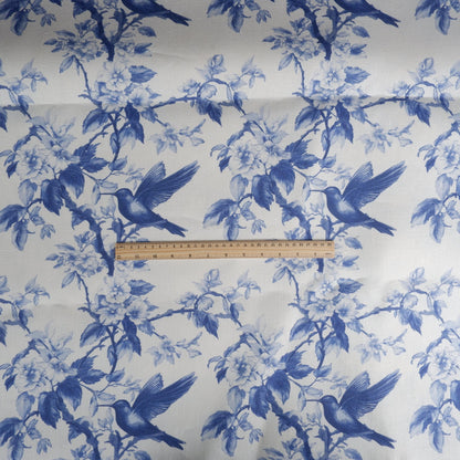 100% LINEN Fabric Hummingbird blue white - french toile de jouy floral upholstery home textile Victorian fabrics 2281