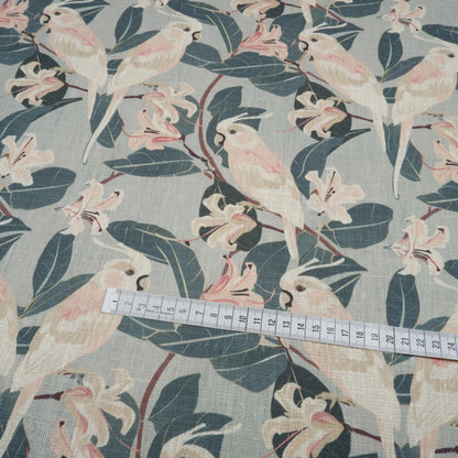 100% LINEN Fabric french blue block print on oatmeal natur linen, floral  fabric with parrot French linen botanical upholstery clothing