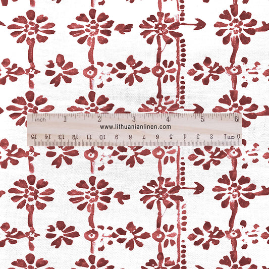100% LINEN Fabric in floral block print - botanical red white linen fabric for upholstery home decor curtains dress making pillowcases