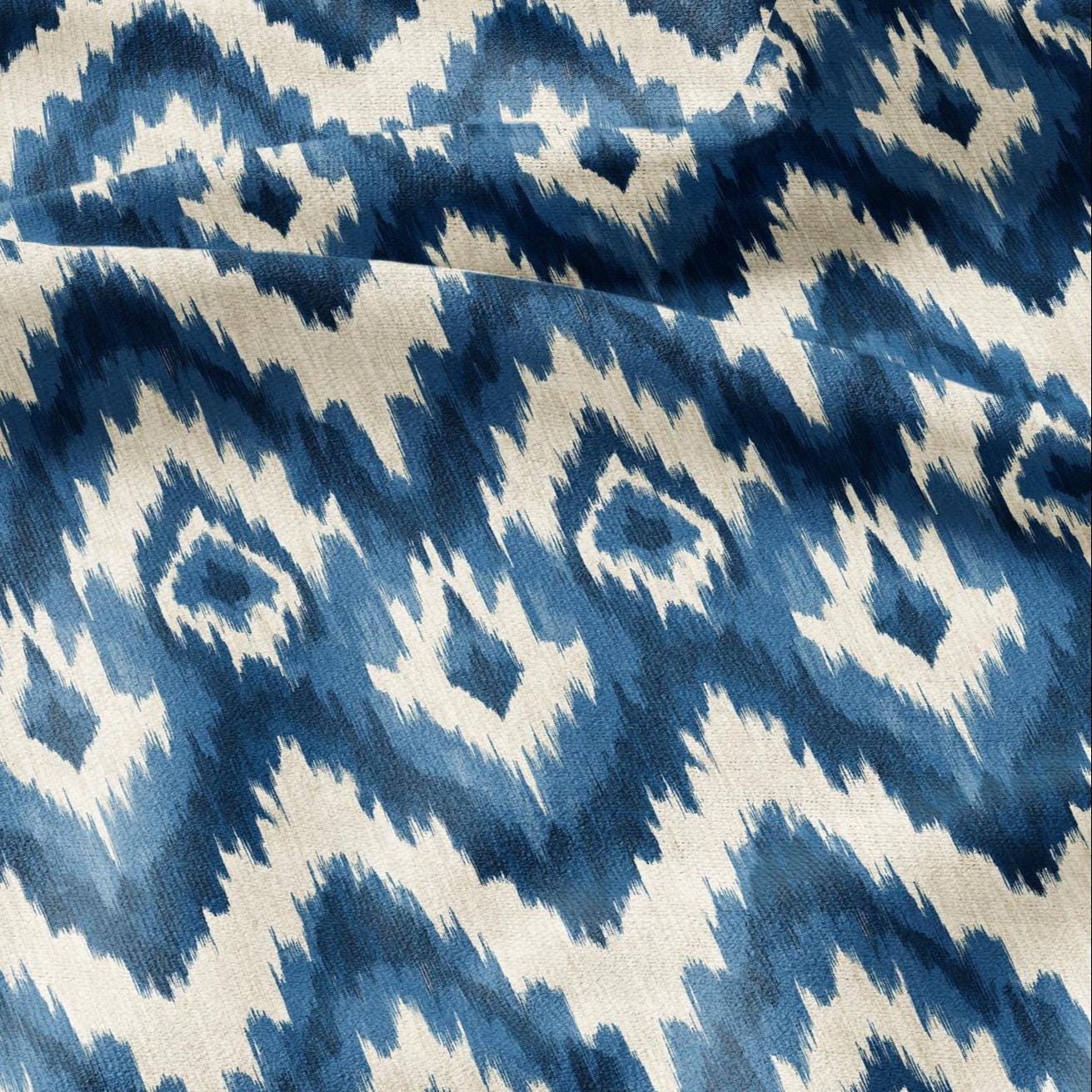 100% LINEN Fabric Abstract Ikat ethno print - Modern Blue beige - for upholstery home decor curtains pillows sewign dress 2980
