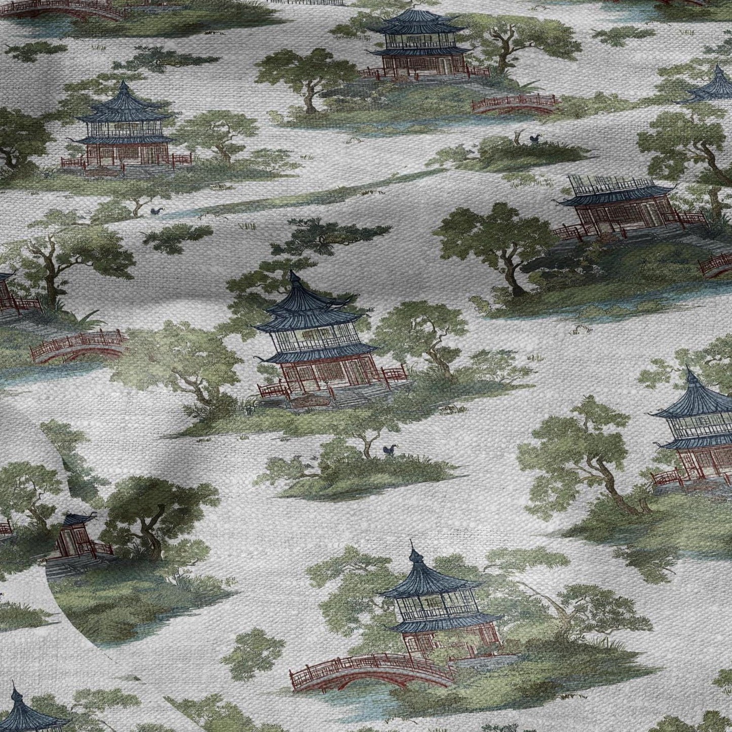 100% LINEN Fabric chinoiserie landscape - floral house print on oatmeal linen for home decor sewign dress clothing 2876