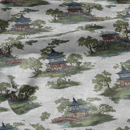 100% LINEN Fabric chinoiserie landscape - floral house print on oatmeal linen for home decor sewign dress clothing 2876