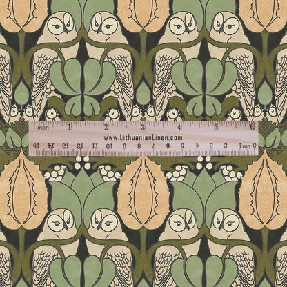 Owl Voysey green print on 100% LINEN - Victorian Art crafts linen Fabric - botanical Historical upholstery home textile