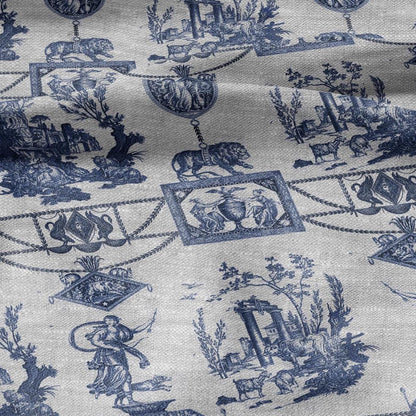 100% LINEN Fabric french blue print oatmeal - Goddess Diana with Lion - toile de jouy - Diane chasseresse by Jean-Baptiste Huet 3413