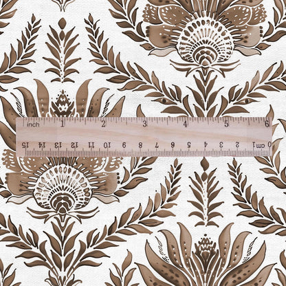 100% LINEN Fabric French block print sepia print - Walnut leaves botanical stripe upholstery home textile artisan brown white 3256