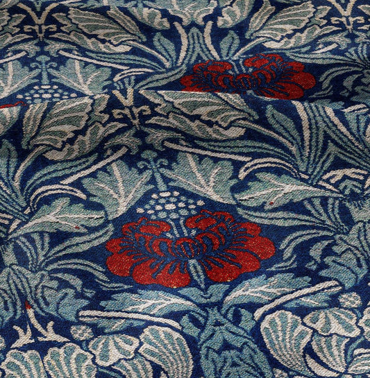 William Morris Blue red roses 100% LINEN Fabric, British linen floral upholstery home textile Victorian fabrics