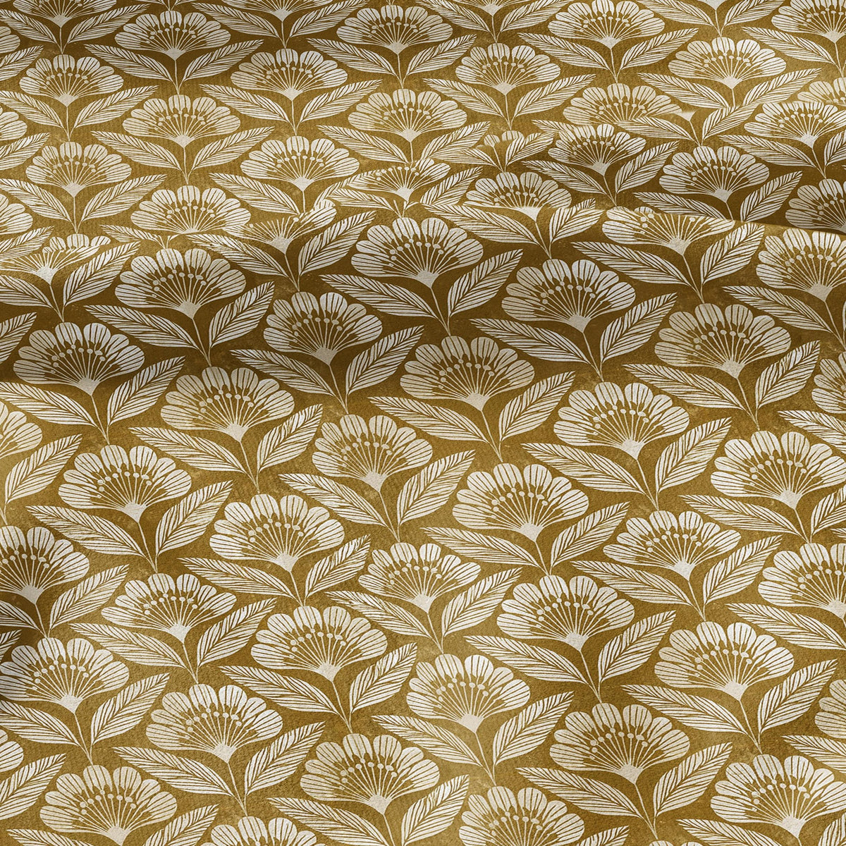 100% linen fabric retro mustard print Blossom - Mid-century botanical / 1970s Scandinavian-inspired floral 3792