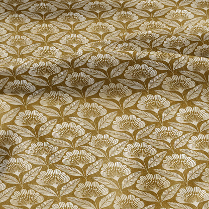 100% linen fabric retro mustard print Blossom - Mid-century botanical / 1970s Scandinavian-inspired floral 3792