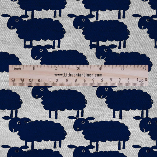 100% LINEN Fabric Sheep navy blue gray  print - Modern vintage fabric - upholstery home decor sewing clothing 2361