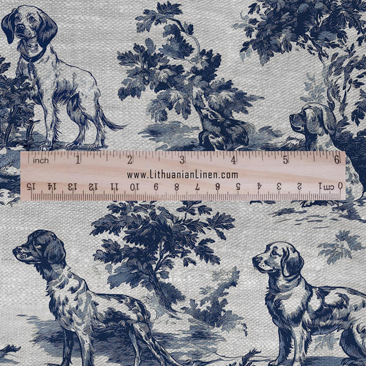 100% LINEN Fabric toile de jouy dog navy blue gray print - Modern vintage fabric - upholstery home decor sewing clothing 2341
