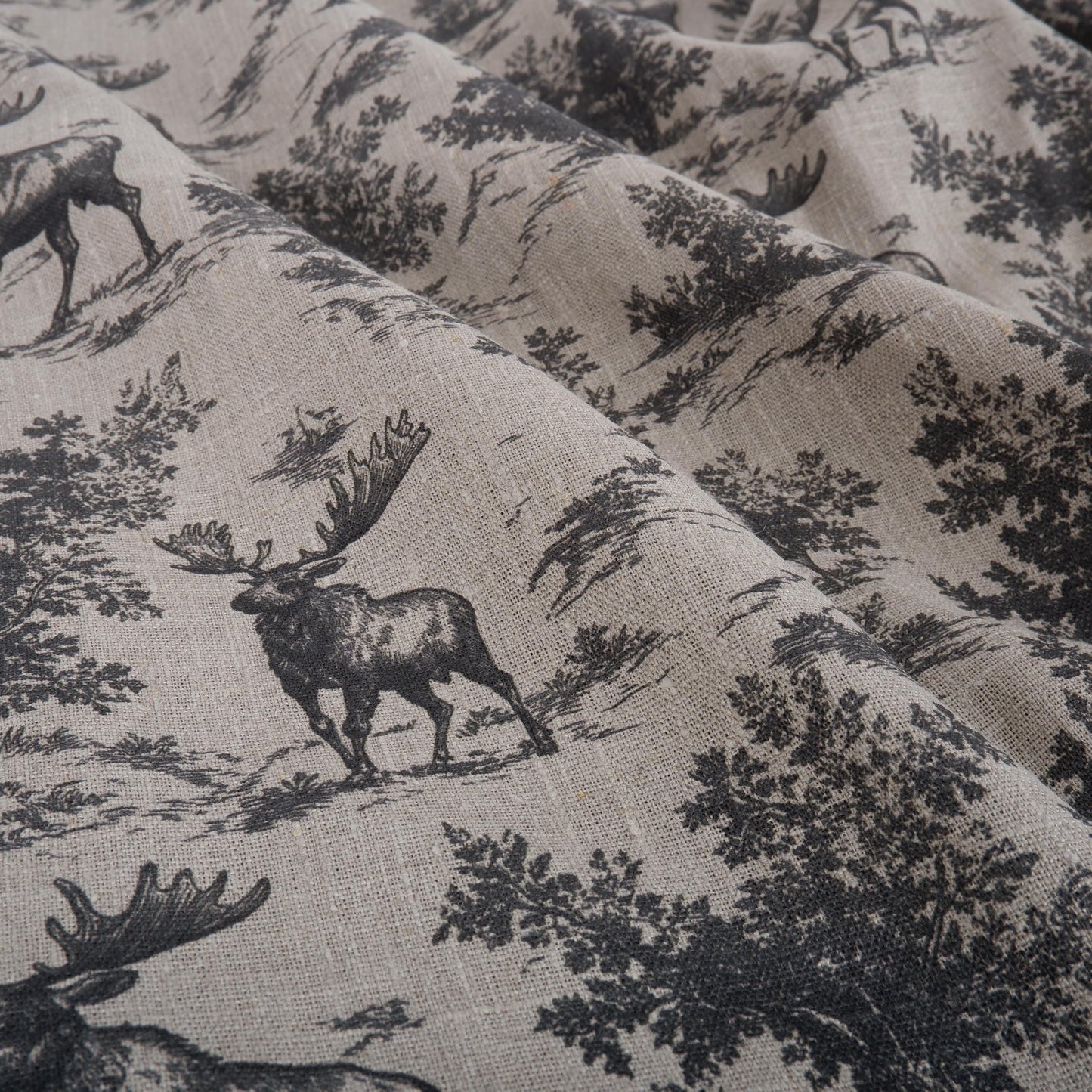 100% LINEN Fabric Toile de Jouy with Moose in forest - botanical fabric black print - linen floral fabric upholstery curtains dress making