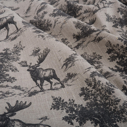 100% LINEN Fabric Toile de Jouy with Moose in forest - botanical fabric black print - linen floral fabric upholstery curtains dress making