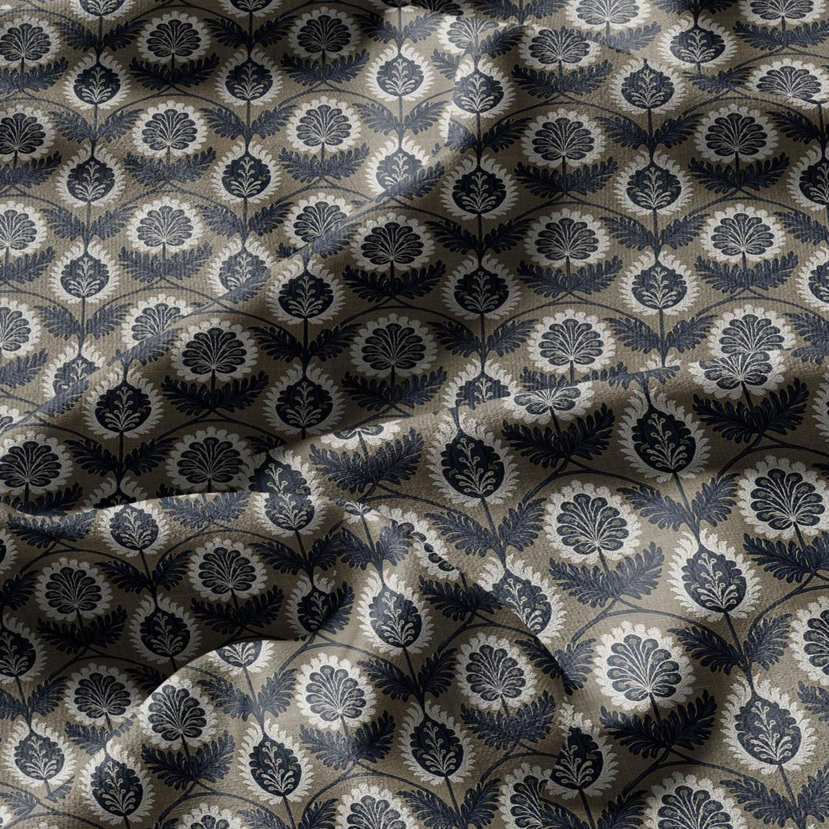 100% LINEN Fabric floral  print - Vintage botanical - Victorian Art Craft brown 3443
