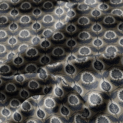 100% LINEN Fabric floral  print - Vintage botanical - Victorian Art Craft brown 3443