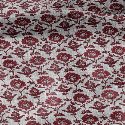 100% LINEN Fabric red flower print - floral red gray print on oatmeal linen for home decor sewing dress clothing 2198