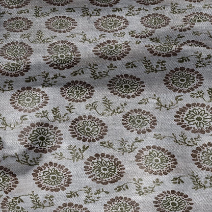100% LINEN Fabric hand block print flowers - oatmeal natur linen fabric with black yellow print - fabric for home decor upholstery