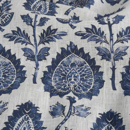 100% LINEN Fabric block print indigo blue on white - floral print heavy linen fabric for upholstery home decor sewing 2009