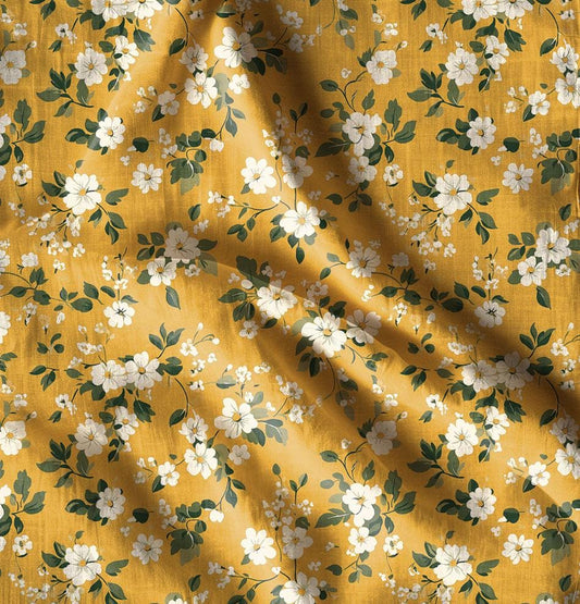 100% LINEN Fabric Mustard floral print, linen fabric with romantic flower print, heavy linen fabric for upholstery home decor