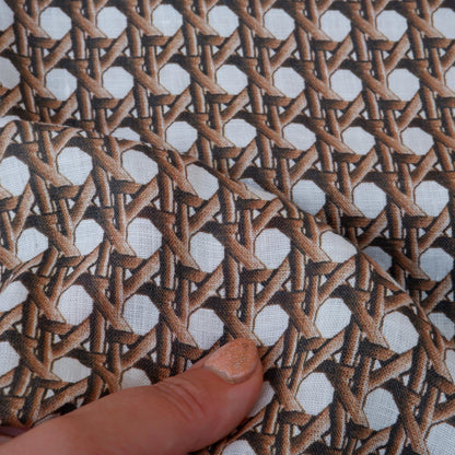 100% LINEN Fabric brown bamboo trellis - botanical textile artisan fabrics blue white 3686