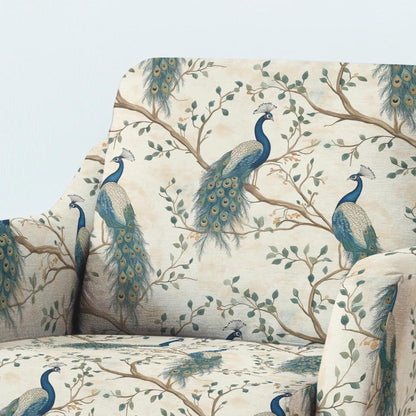 100% LINEN Fabric UPHOLSTERY 12oz - Peacock beige print on linen - Modern vintage pattern 354
