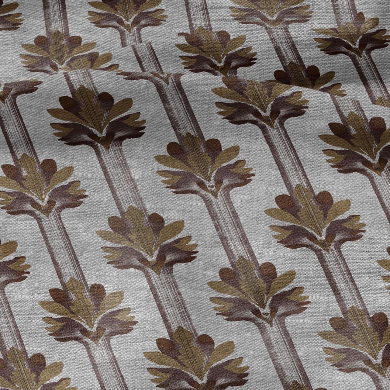 100% LINEN Fabric Art deco floral stripe print - botanical brown floral on oatmeal linen - modern vintage 3136