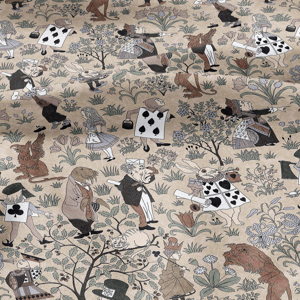 100% linen fabric - Alice in Wonderland beige by Voysey - Victorian Art crafts - Historical pattern for upholstery dress making 3613