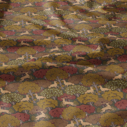100% linen Deer prints fabric for Curtain Upholstery Cushion - Autumn trees print fabric for dress making sewing