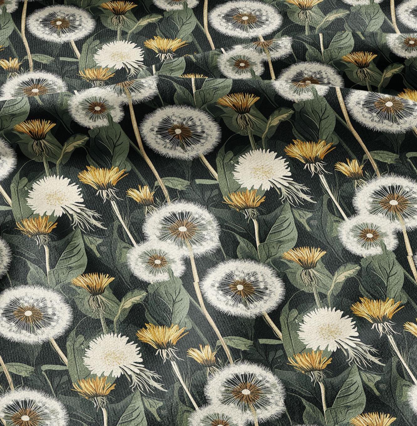 100% linen Dandelion field print - floral green yellow linen fabric Historical pattern for upholstery dress making curtains