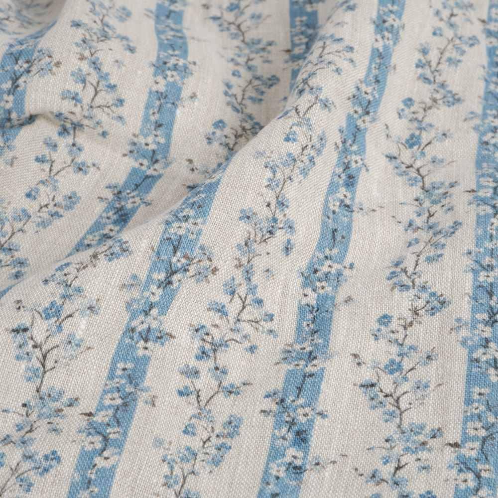 100% LINEN Fabric floral stripe block print on oatmeal linen - blue gray heavy fabric for upholstery - medium weight linen dress making 2502