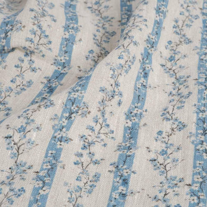 100% LINEN Fabric floral stripe block print on oatmeal linen - blue gray heavy fabric for upholstery - medium weight linen dress making 2502