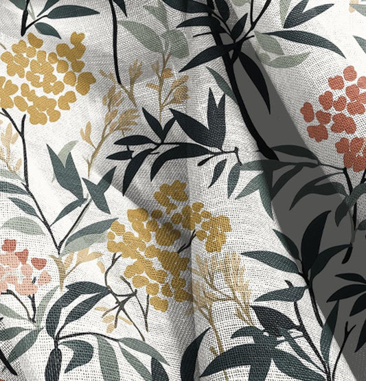 100% LINEN Fabric floral Rowan print, linen fabric with Berries tree floral print, heavy linen fabric for upholstery home decor