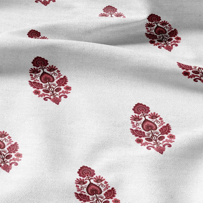 100% LINEN Fabric Block Pandanus flower print  red - floral upholstery home textile artisan fabrics green white 3046