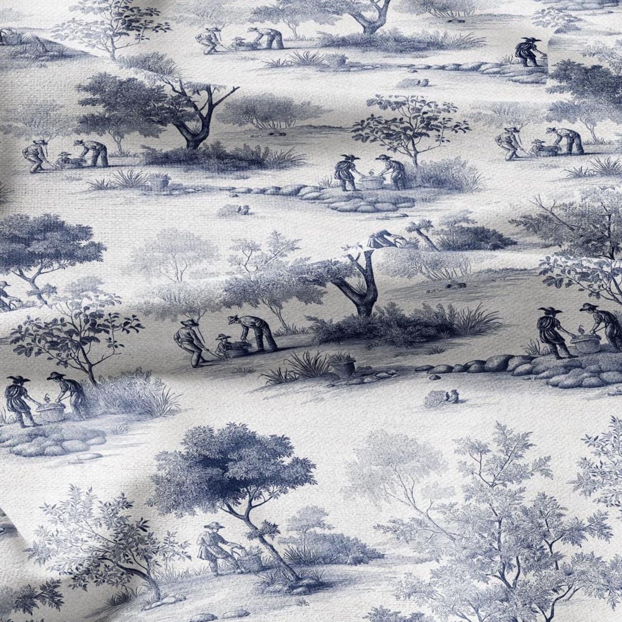 100% LINEN Fabric Toile de jouy print work in garden blue - floral upholstery home textile artisan fabrics blue white 3111