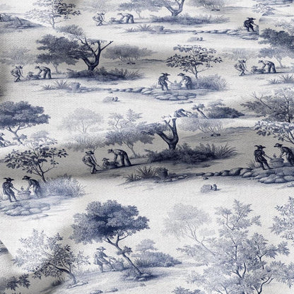 100% LINEN Fabric Toile de jouy print work in garden blue - floral upholstery home textile artisan fabrics blue white 3111