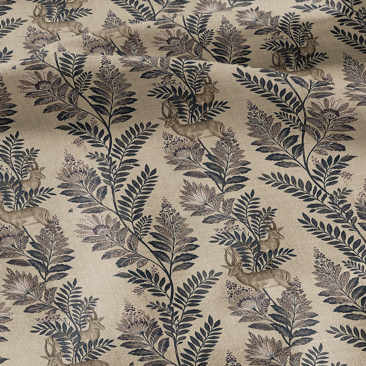 100% LINEN Fabric Woodland - Brown floral print with Antelope Eland Neutral Fabric by the Yard by LithuanianLinen 3787