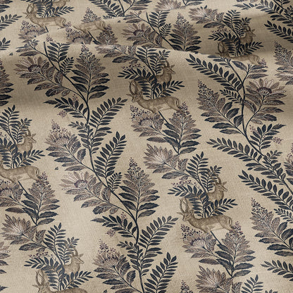 100% LINEN Fabric Woodland - Brown floral print with Antelope Eland Neutral Fabric by the Yard by LithuanianLinen 3787