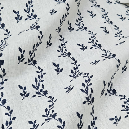 100% LINEN Fabric Striped floral indigo blue  - block print vinesprint for upholstery curtains dress making 2642