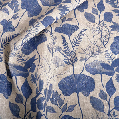 100% LINEN Fabric BLUE floral leaves print 2218