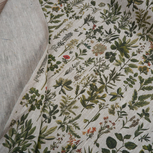 100% LINEN Fabric French Herbs pattern on oatmeal linen fabric, Provence French country floral heavy linen fabric for upholstery home decor