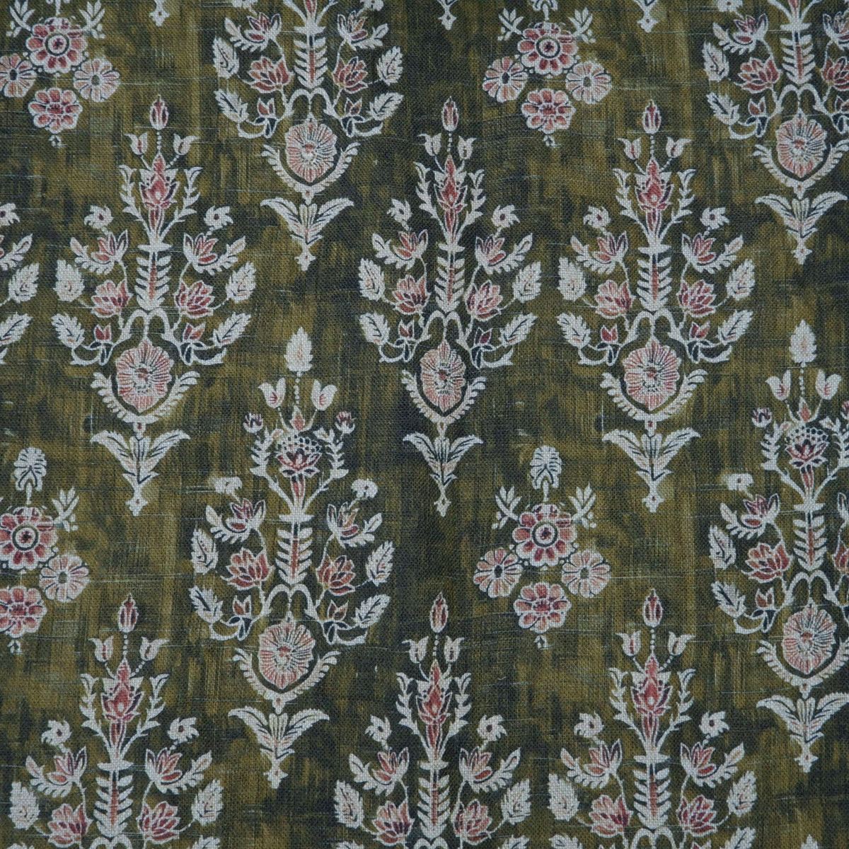 100% LINEN Fabric block print indian khaki green 3659 -  oatmeal linen fabric with green floral print decor
