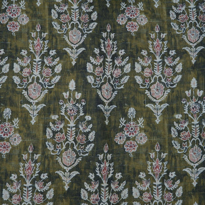 100% LINEN Fabric block print indian khaki green 3659 -  oatmeal linen fabric with green floral print decor